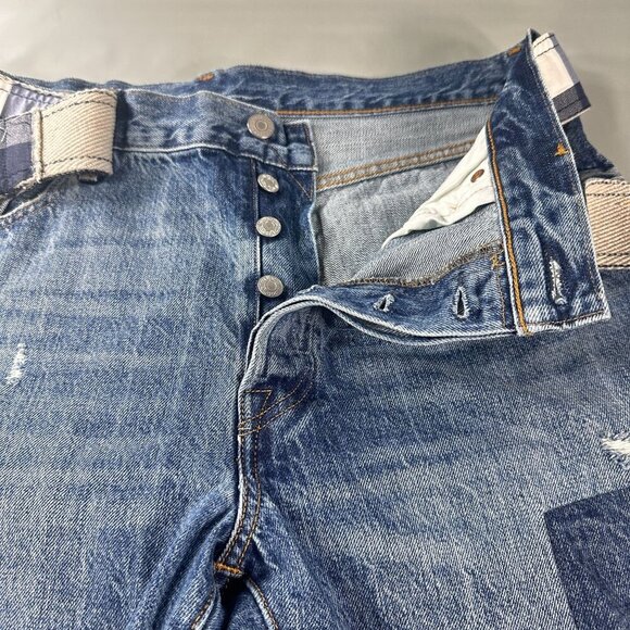 Levis 501 Jeans Women Patchwork Denim Ragged Lands Color Block Raw Hem Straight - Picture 16 of 16